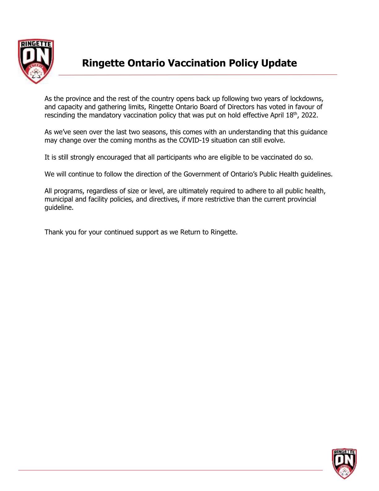 RO Vacccination Policy Update